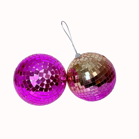 Set Of 2 Disco Ball Christmas Ornaments 8 Inch Ombre Pink Hanging New Years Eve - Picture 9 of 11